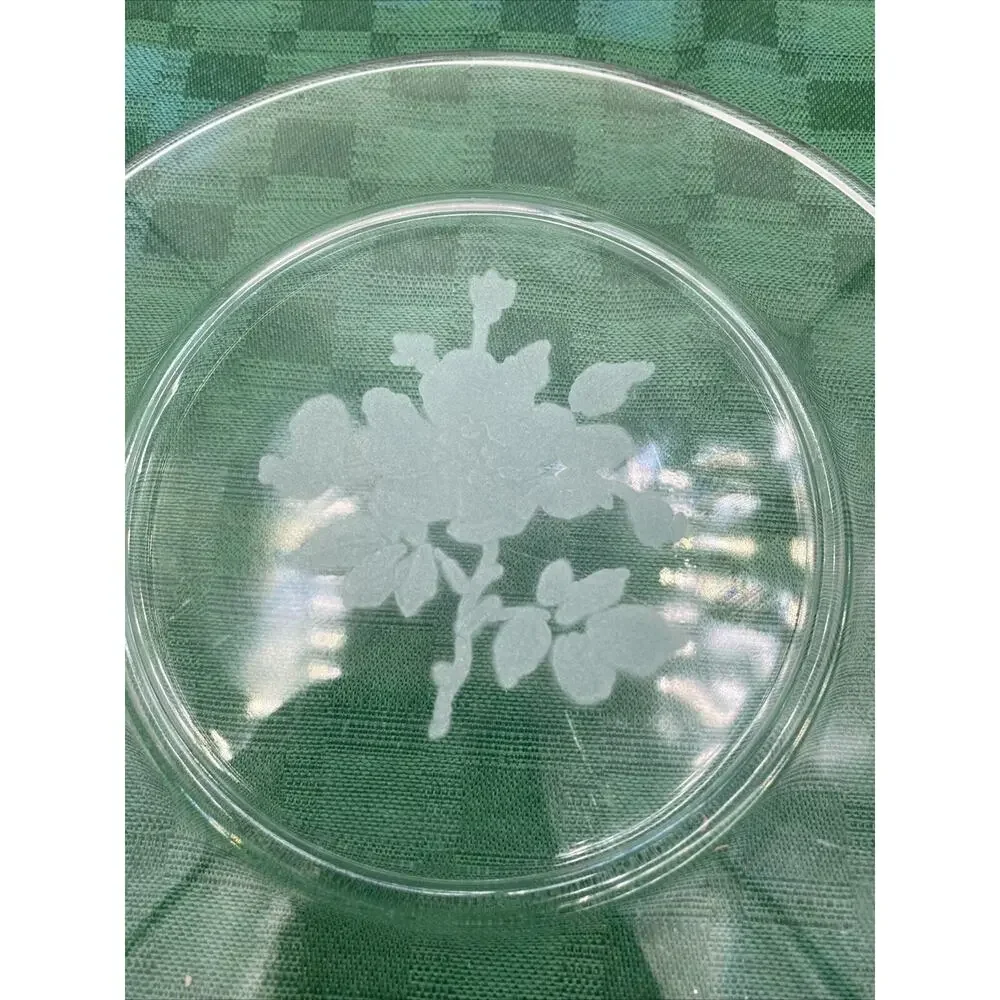 8” Clear Glass Dessert Plate Etched Floral Design Bottom